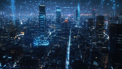 Naklejka premium Cityscape with glowing network connections