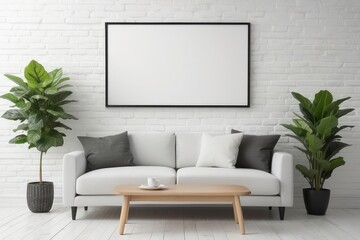 Minimalist Living Room with White Sofa, Black Frame, and Plants