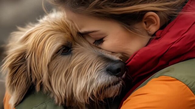 Compassionate rescue worker holding a dog close