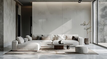 A minimalist interior with gray walls, furniture, and decor, showcasing a modern aesthetic.