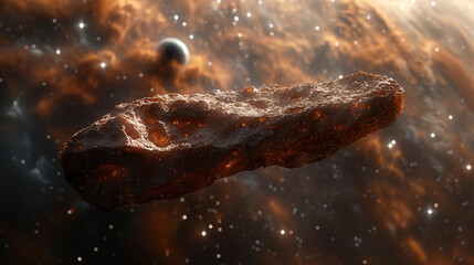 Asteroid with glowing cracks floating in space surrounded by nebula and stars. Concept of cosmic exploration, astronomy, and celestial bodies.