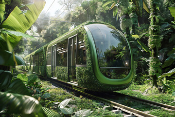 Futuristic Eco-Friendly Train Journey Through a Lush Jungle - Modern Green Transportation in a Tropical Setting