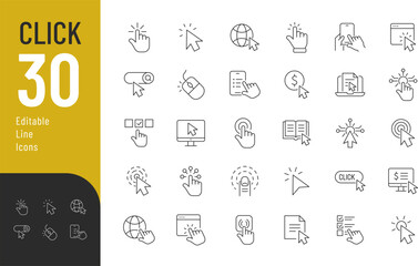 Click Line Editable Icons set. Vector illustration in modern thin line style of cursor related icons: arrow, hand, mouse, button, and more. Pictograms and infographics