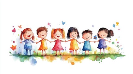 Cheerful Kids Holding Hands - Illustrated Group of Children in Joyful Celebration