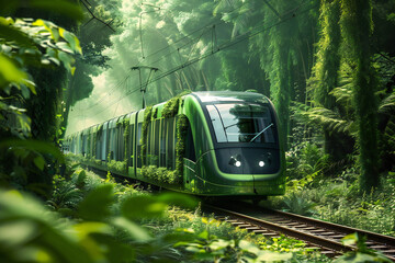 Naklejka premium Futuristic Eco-Friendly Train Journey Through a Lush Jungle - Modern Green Transportation in a Tropical Setting