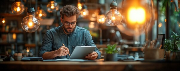 Entrepreneur writing down fresh ideas for a new business venture in a modern cafe, venture, entrepreneurship, creativity