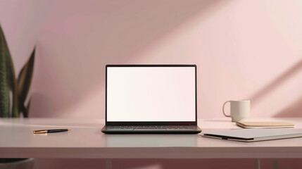 Minimalist desk with laptop displaying blank white screen for versatile design showcase.