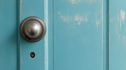 Overhead shot of a closed door with a stylish knob, clean background with space for text