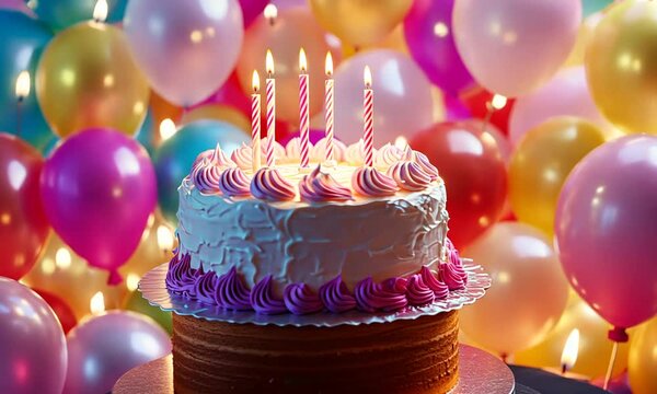 birthday party balloons, colourful balloons background and birthday cake with candles