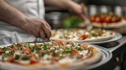 Staff at a family-friendly pizzeria, busy preparing and serving food, showcasing a lively and welcoming atmosphere, ideal for restaurant promotions and food service ads