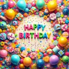 Happy Birthday Celebration with Colorful Balloons, Confetti and Gifts