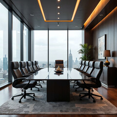Fototapeta premium Modern Boardroom with City View and Leather Chairs