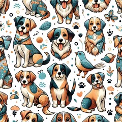 Cute Cartoon Dogs Seamless Pattern with Bird and Floral Elements