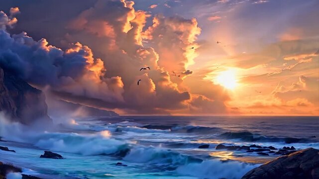Golden Hour Seascape: A breathtaking panorama of the ocean at sunset, with dramatic clouds casting long shadows across the crashing waves. The sun, a fiery orb, paints the sky in hues of gold and oran