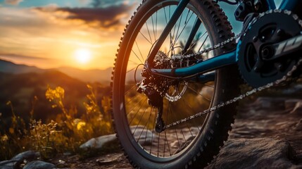 Sunset Serenity: Intricate Rear Wheel Detail of a Mountain Bike Captured at Dusk