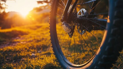 Sunset Serenity: Intricate Rear Wheel Detail of a Mountain Bike Captured at Dusk