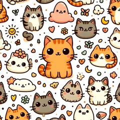 Seamless Pattern with Cute Cartoon Cats and Doodle Elements