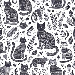Seamless Pattern of Ornamental Cats and Floral Elements