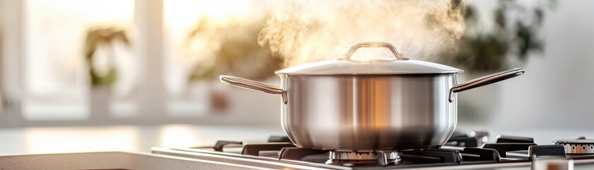 A steaming metallic pot on a modern stove in a bright kitchen, showcasing cooking in an inviting atmosphere.