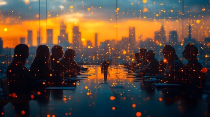 Collaborative roundtable discussion among business professionals, with a blurred network-themed background, emphasizing collective problem-solving.