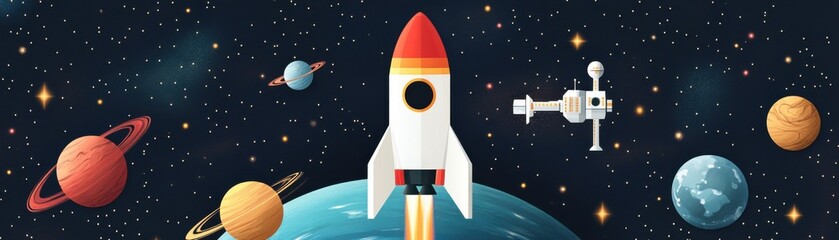 A vibrant illustration of a rocket launching amidst planets and stars, capturing the adventure of space exploration.