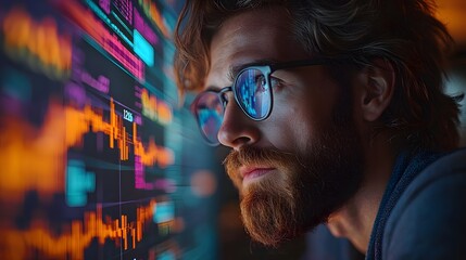 Analyst team discussing benchmarking data, with a high-resolution abstract stock graph backdrop, emphasizing data-driven decisions.