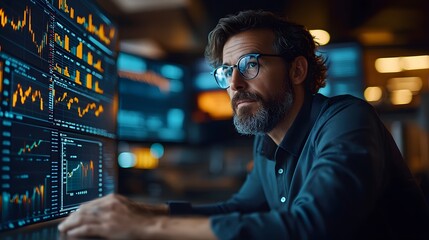 Analyst team discussing benchmarking data, with a high-resolution abstract stock graph backdrop, emphasizing data-driven decisions.
