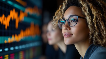 Analyst group discussing benchmarking trends, with a high-resolution abstract stock graph backdrop, highlighting performance metrics.