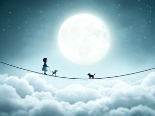 A whimsical scene of a child walking on a tightrope with two dogs under a glowing full moon in a dreamy cloudscape.