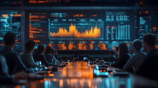 Presentation of benchmarking data by a team of analysts, featuring a high-resolution abstract stock graph background, symbolizing market research.