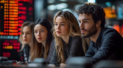 Analyst team discussing key benchmarking data, with a high-resolution abstract stock graph backdrop, emphasizing market insights.