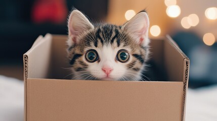 Adorable kitten peeking from a cardboard box, capturing curiosity and playfulness in a cozy indoor setting.