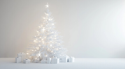 White Christmas tree with beautiful lights on white background. Whimsical and beautiful Christmas tree with decor in white and silver tones.