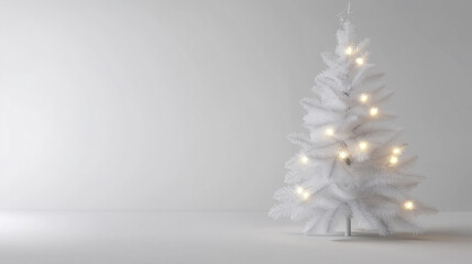 White Christmas tree with beautiful lights on white background. Whimsical and beautiful Christmas tree with decor in white and silver tones.