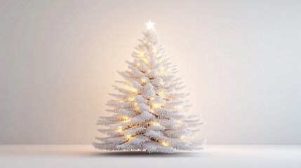 White Christmas tree with beautiful lights on white background. Whimsical and beautiful Christmas tree with decor in white and silver tones.