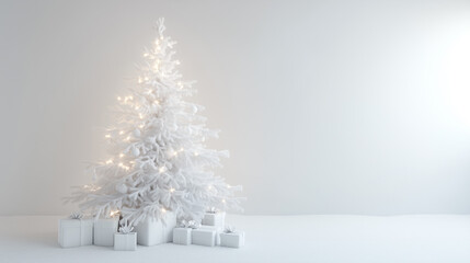 White Christmas tree with beautiful lights on white background. Whimsical and beautiful Christmas tree with decor in white and silver tones.