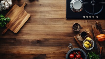 Fototapeta premium Top view of a kitchen counter with a cutting board, open space for copy