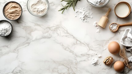 Top view of a kitchen counter with baking ingredients, space for text