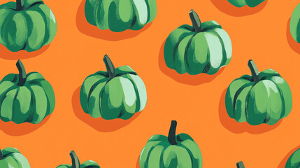 Thanksgiving illustration repetitive background. Green pumpkins on orange background. 