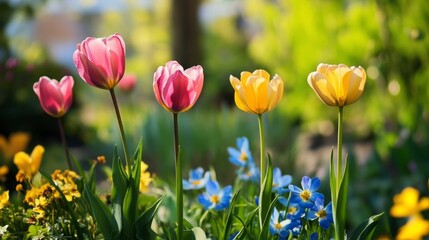 A Flourishing Spring Display: Vibrant Flowers Adorning the Garden in Full Bloom
