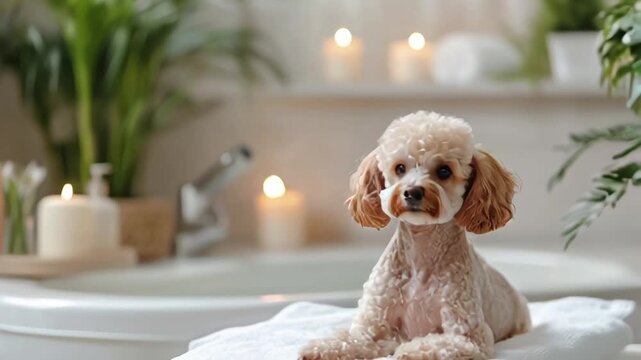 Apricot poodle enjoying a relaxed bath time, suited for pet care and wellness content