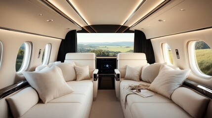 Luxurious private jet interior featuring comfortable seating, soft cushions, and an expansive view of nature through large windows.