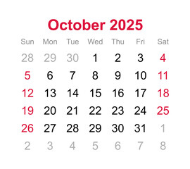 Monthly calendar of October 2025 on transparent background