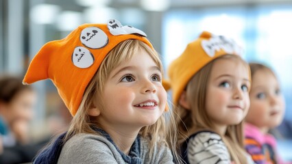 Kids in Halloween costumes attending a spooky storytime event at a library, celebrating Halloween, educational and fun