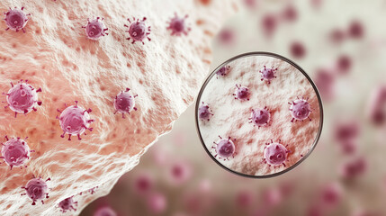 Microscopic View of Viruses Attacking Human Cells