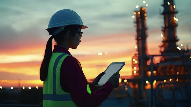 Asian woman petrochemical engineer working at night with digital tablet Inside oil and gas refinery plant industry factory at night for inspector safety quality control