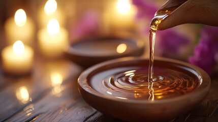 A serene scene featuring warm oil being poured into a bowl, surrounded by soft candlelight and delicate flowers.