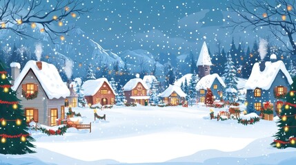 Fototapeta premium Snowy village with holiday decorations, warm lights, flat design illustration