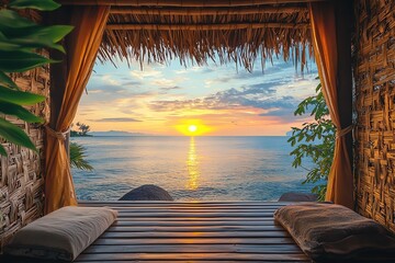 Obraz premium A serene sunset view from a cozy beachfront hut, with waves gently lapping at the shore under colorful sky.