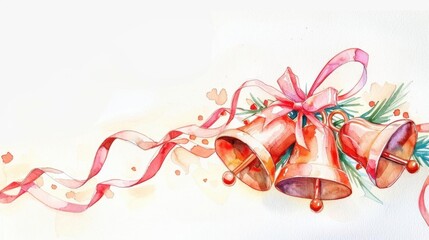 Watercolor Christmas bells tied with ribbon, ringing in the holiday season